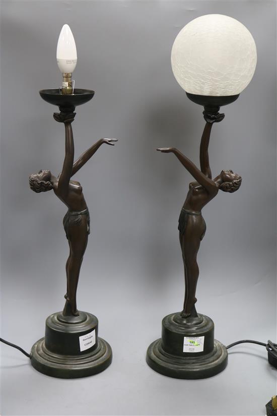 A pair of Art Deco style bronzed metal table lamps, the bases formed as female nudes with outstretched arms one shade a.f.